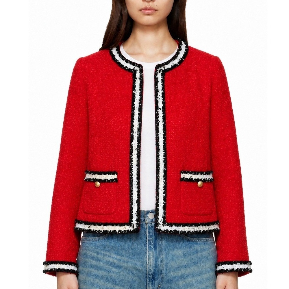 Vtg Talbots Collarless Tweed Cropped Jacket Women 4P Red Fringe Stripe Trim Prep